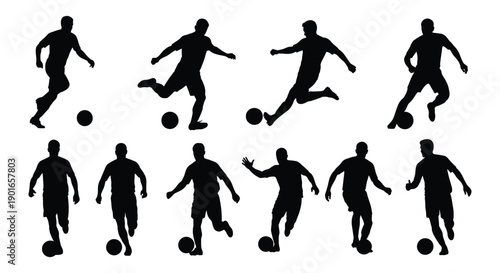 Silhouette of soccer players in various dynamic poses playing football.