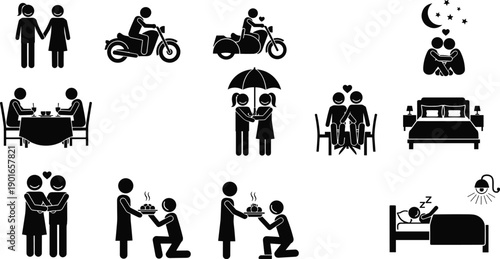 Romantic couple activities icon set showing love, dates, travel, dining, gifting, sleeping, and emotional connection in simple silhouette style