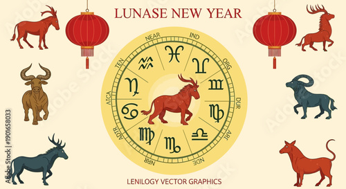 Cute cartoon farm animals set featuring vintage Christmas icons and festive winter decorations for a merry holiday greeting card design