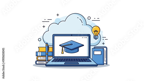 A 3d vector illustration of a business cloud computing network connection featuring a laptop and digital icons for mobile internet communication and web file information