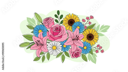 Hand drawn spring flower bouquet featuring pink roses and yellow daisies with colorful butterflies fluttering amidst vibrant gerbera blossoms in a beautiful floral vector illustration