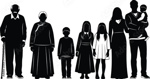 Silhouette family generations illustration featuring grandparents parents children and baby, diverse ages standing together, black and white people profile artwork
