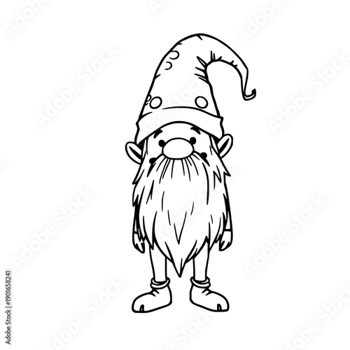 Friendly Forest Gnome Doodle Illustration: Whimsical Folklore Art with Playful Lines on a Clean White Background, Ideal for Children's Designs