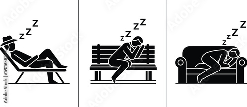 Sleeping poses illustration of people resting on chair, park bench and sofa, relaxing icons, tired characters napping in different locations
