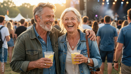 A joyful and candid portrait of an active senior couple laughing and embracing at an outdoor music festival, symbolizing happy retirement, vitality, and shared fun.
