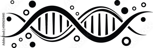 Stylized DNA helix illustration with abstract molecular elements showing genetics biotechnology science concept in modern black decorative double helix design