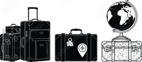 Travel luggage collection with vintage suitcases, modern trolley bags, adventure icons and world globe illustration for tourism, vacation, journey concepts