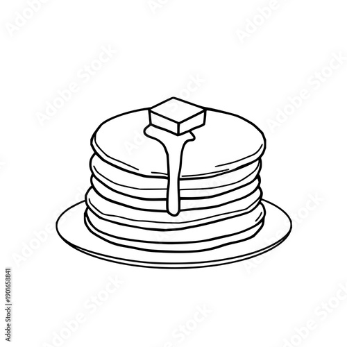 Charming Hand-Drawn Stack of Pancakes with Melting Butter Doodle on a Clean White Background – Perfect Simple Breakfast Illustration