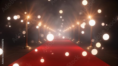 A dazzling red carpet illuminated by a tunnel of radiant golden lights, creating an atmosphere of exclusive glamour and celebrity prestige at a grand event