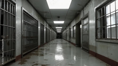 A long, dark, and desolate prison corridor stretches into the distance, lined with grim metal bars and hinting at stories of confinement and despair, evoking a sense of chilling isolation