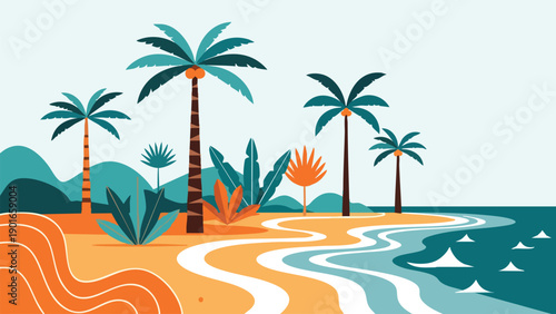 Tropical summer vacation landscape with palm trees sandy beach and ocean waves on transparent background