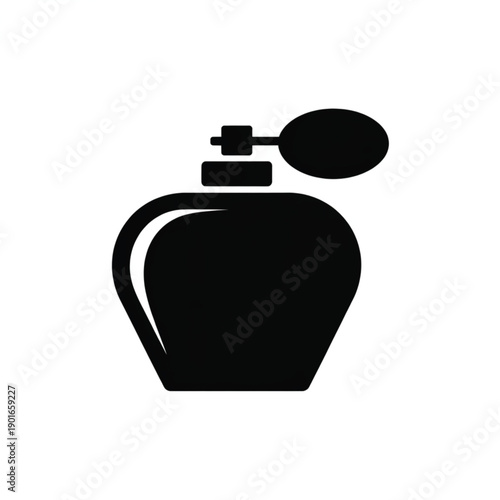 Vector illustration of a perfume bottle with atomizer, symbolizing fragrance, luxury, and elegance in a minimalist black silhouette design viewed from the front.