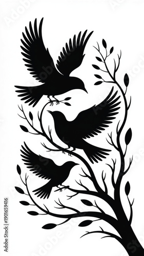 Silhouetted birds flying and perched on a bare tree branch with sparse leaves viewed from the side in a graphic illustration