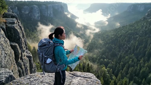 Wallpaper Mural Woman hiker with backpack on cliff edge holding map overlooking misty canyon landscape. Torontodigital.ca