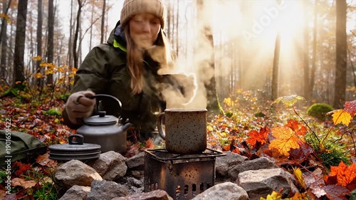 Wallpaper Mural Woman making hot drink in forest during autumn with sunlight. Torontodigital.ca