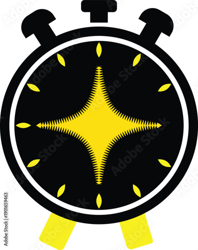 Alarm clock with black face yellow starburst and yellow legs on white Keywords: alarm, clock