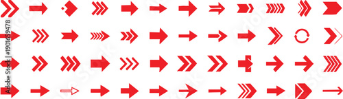 Assortment of red arrow in multiple and orientations on a white background symbol