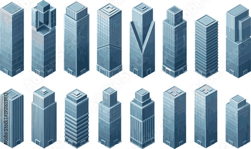 Isometric skyscraper building collection, modern city tower architecture set, urban skyline high-rise illustrations for city design and construction planning