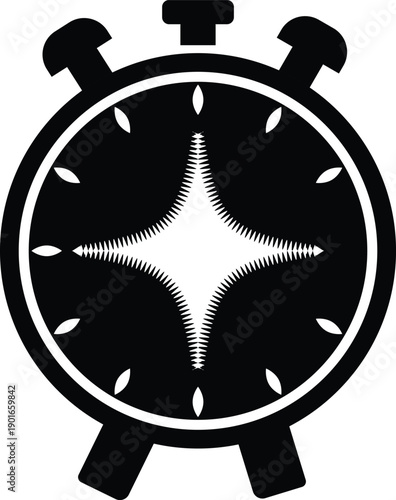 Black and white alarm clock with starburst center and white background Keywords: alarm, clock