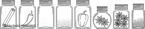 Kitchen spice jar illustration set, glass containers with herbs peppers seasonings, pantry storage collection, black and white line art