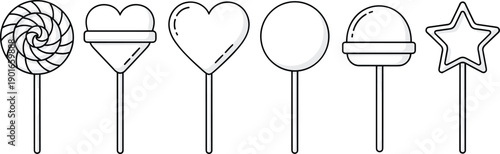 Lollipop candy icon set, sweet dessert line illustration, sugar treats collection, confectionery symbols, kids party snacks, minimal outline design