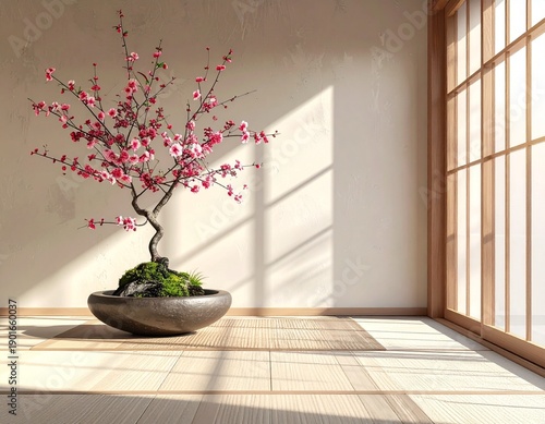 Japanese Bonsai Tree in Minimalist Zen Interior