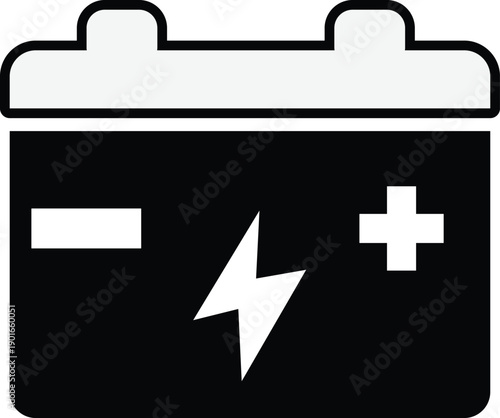 Black and white of a car battery with plus and minus terminals and a lightning bolt symbol