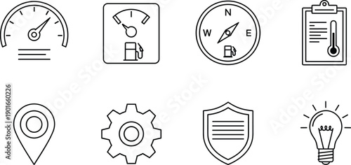 Minimal dashboard line icons set including speedometer fuel gauge compass thermometer location gear shield light bulb vector illustration