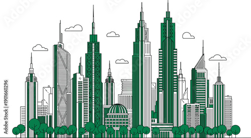 Modern eco city skyline illustration with tall skyscrapers, green buildings, trees and urban landscape design for sustainable architecture and environmental concepts