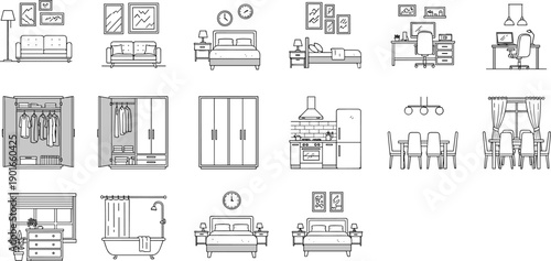 Modern home interior furniture line art set with bedroom, living room, kitchen, office, wardrobe, bathroom and dining room elements