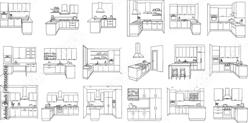 Modern kitchen interior layout illustration set featuring various cabinet designs, countertops, appliances and cooking spaces for home design, planning and remodeling projects