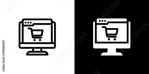 Online Shopping icon concept with flat Black White Background. Vector illustration.