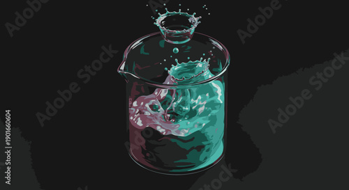 Dynamic splash of vibrant pink and teal liquids mixing vigorously within a clear glass beaker, creating an energetic and colorful fluid interaction.