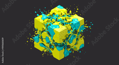 A dynamic yellow cube is engulfed by vibrant turquoise liquid splashes, creating an energetic and abstract visual art piece against a dark background.