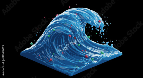 A powerful, stylized blue ocean wave with vibrant splashes and scattered colorful particles, dynamically rendered against a stark black background, symbolizing motion and energy.