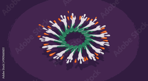 An abstract circular arrangement of stylized organic shapes in green, white, and orange forms a vibrant, symbolic wreath-like design on a deep purple background.