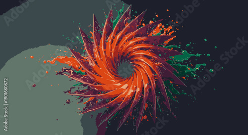 A dynamic abstract vortex of vibrant orange, red, and green paint splatters against a dark background, creating a captivating digital art explosion.