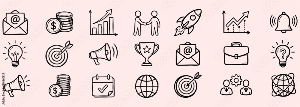 Fototapeta premium Engaging Hand-Drawn Business Icon Set Illustrating Core Concepts of Growth, Strategy, Communication, and Financial Success for Modern Digital Projects