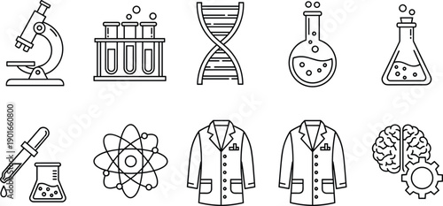 Science laboratory line icons set, chemistry biology research symbols, microscope DNA atom flask test tube vector illustration collection