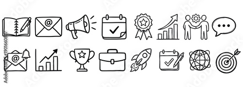 Collection of hand-drawn business icons representing various concepts like planning, communication, success, and teamwork, perfect for presentations and marketing materials