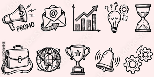 Versatile hand-drawn business icon set depicting core concepts of marketing, analytics, communication, time management, and success in a distinct sketch art style, ideal for various projects