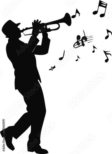 Trumpet Player With Music Notes Flying Silhouette