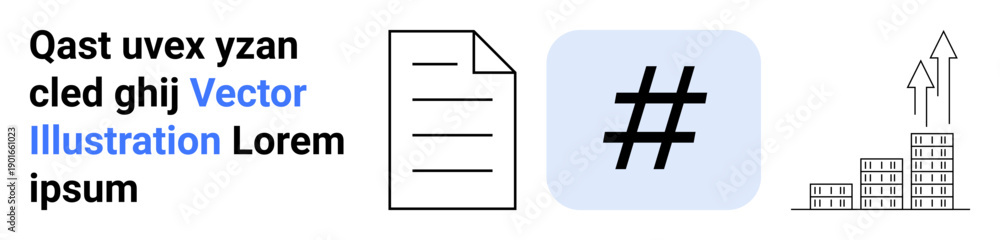 Obraz premium Document icon, metadata tag in blue square, and upward arrows with bar graph highlighting communication, analysis, workflow, social media engagement, content creation, growth, simple landing page