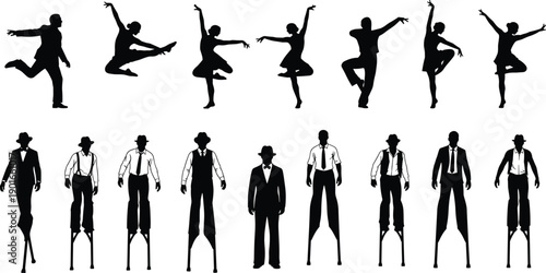 Silhouettes of dancers and performers in various poses including stilt walkers elegant movement choreography artistic figures entertainment vector illustration collection