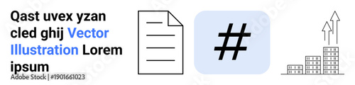 Document icon, metadata tag in blue square, and upward arrows with bar graph highlighting communication, analysis, workflow, social media engagement, content creation, growth, simple landing page