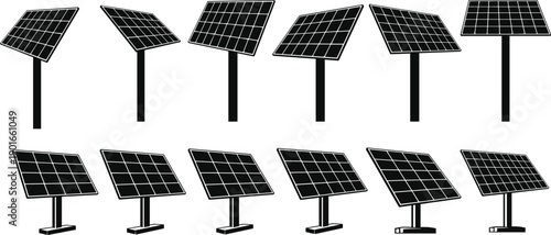 Solar panel illustration set showing various angles and mounting styles for renewable energy systems, clean electricity generation, green technology and eco-friendly design projects