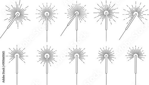 Sparkler fireworks line icons set, celebration spark sticks, festive light effects, party decoration symbols, holiday event outline illustration collection