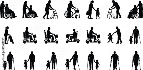 Silhouettes of elderly people using mobility aids and caregivers assisting children and seniors, disability support icons for healthcare and lifestyle design