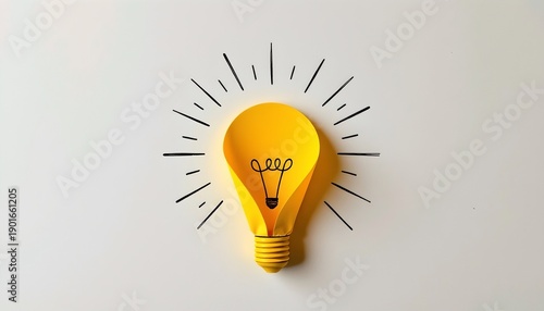 Vibrant Yellow Paper Lightbulb with Radiating Sketch Lines