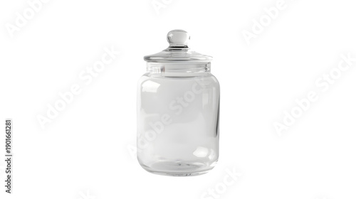 A classic clear glass apothecary jar with a snug-fitting lid, clean and empty, isolated on a white background, ideal for various storage solutions.